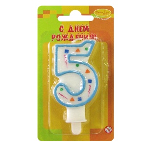 товары для праздника, свечи для торта, W Свеча Цифра 5 Голубое Конфетти